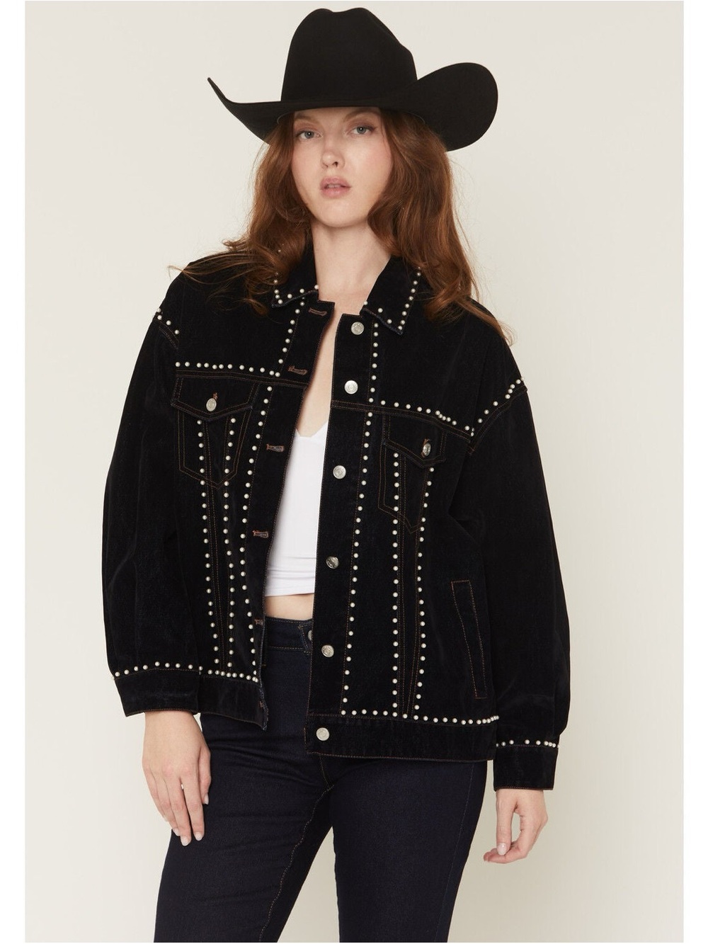 NWT Azalea Wang Dark Wash Pearl Studded Button-Down Denim Jacket XL